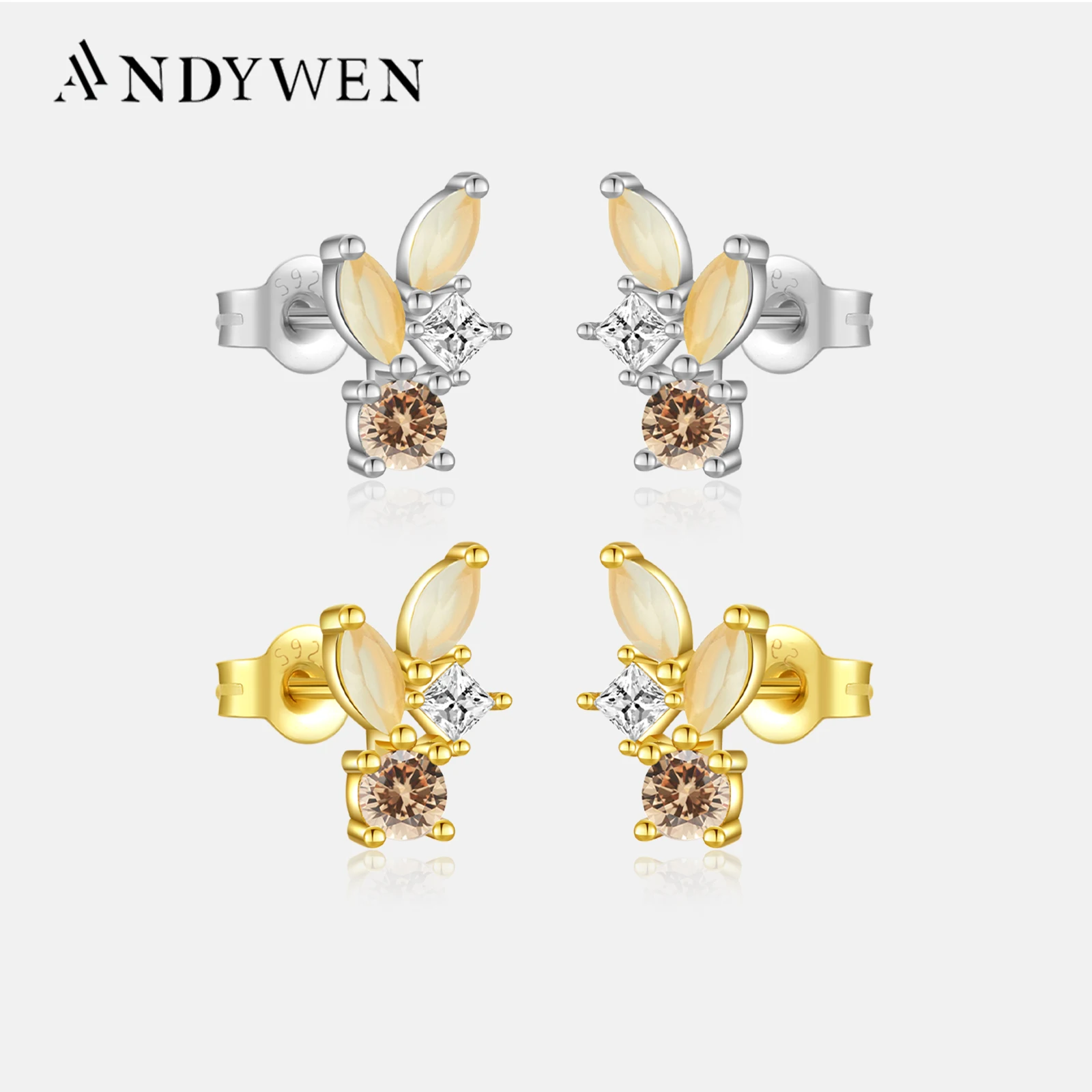 

ANDYWEN 925 Sterling Silver Gold Leafs Champagne Zircon CZ Stud Earring Piercing 2023 Women Wedding Jewelry Clips Pendientes