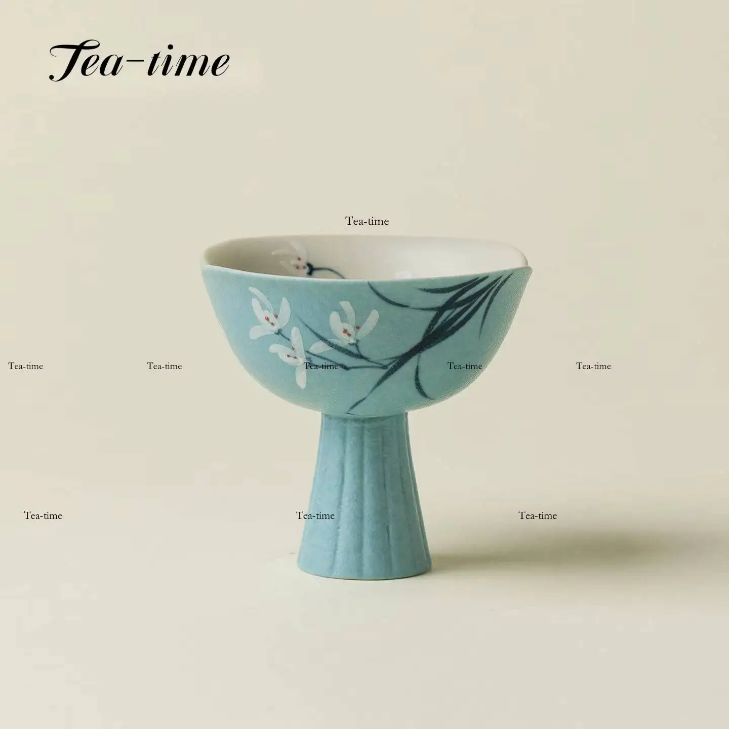 Hand-Painted Orchid Ceramic Tea Cup High-Footed Teacup Light Lake Blue Cups Teacups Chinese Maker Pottery Tool Puera Jingde Town