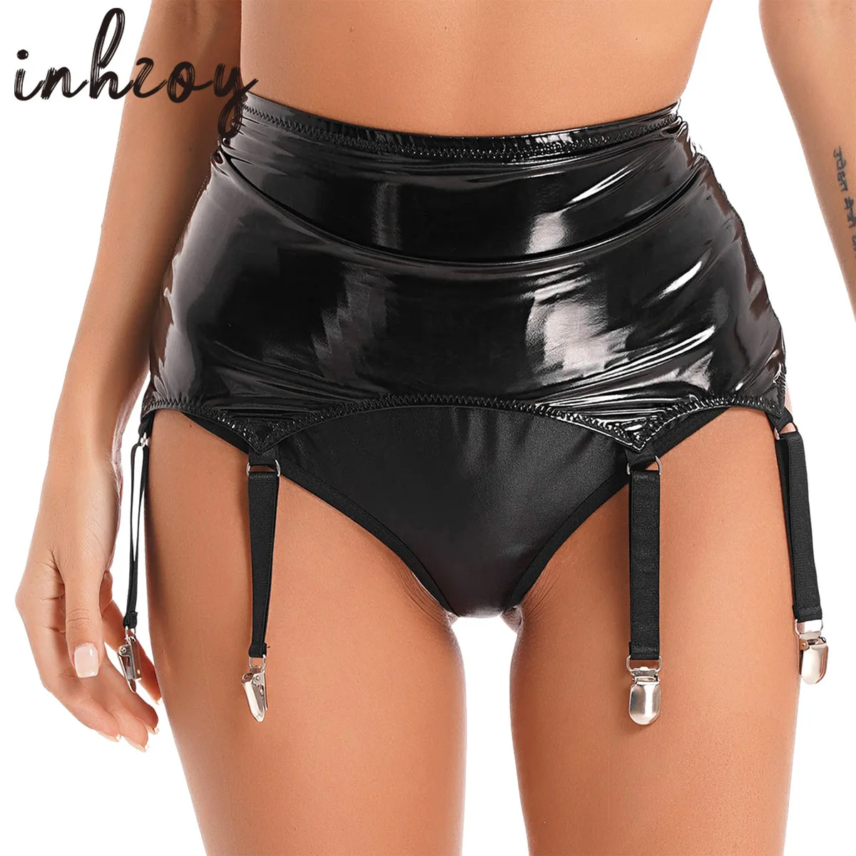 Patent Leather Mini Skirt Garter Belt with Clips Suspender Womens Wet Look PVC Metallic Latex High Waist Pole Dancing Clubwear