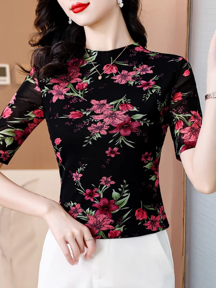 Summer Casual Slim Women\'s Floral Painting T Shirts O Neck Basic Tops Fashion Print Clothing