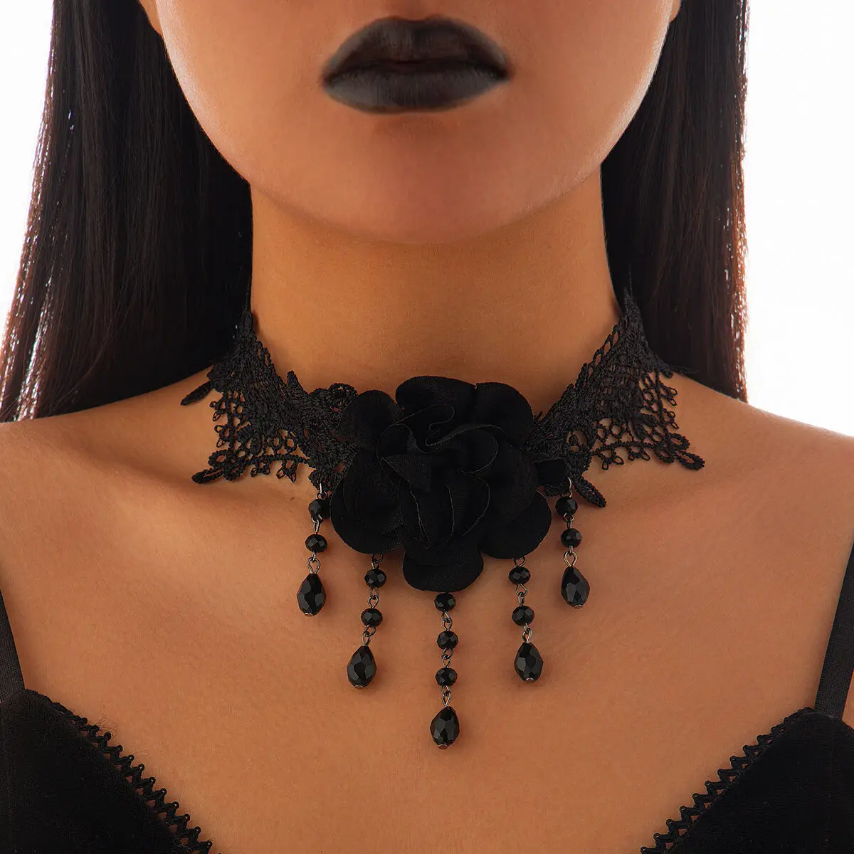KunJoe Gothic czarna koronkowa Choker bransoletka z kolczykami kobiety ciemna róża kwiat zestaw biżuterii na Halloween kropla wody kryształowy naszyjnik z frędzlami — zdjęcie 4