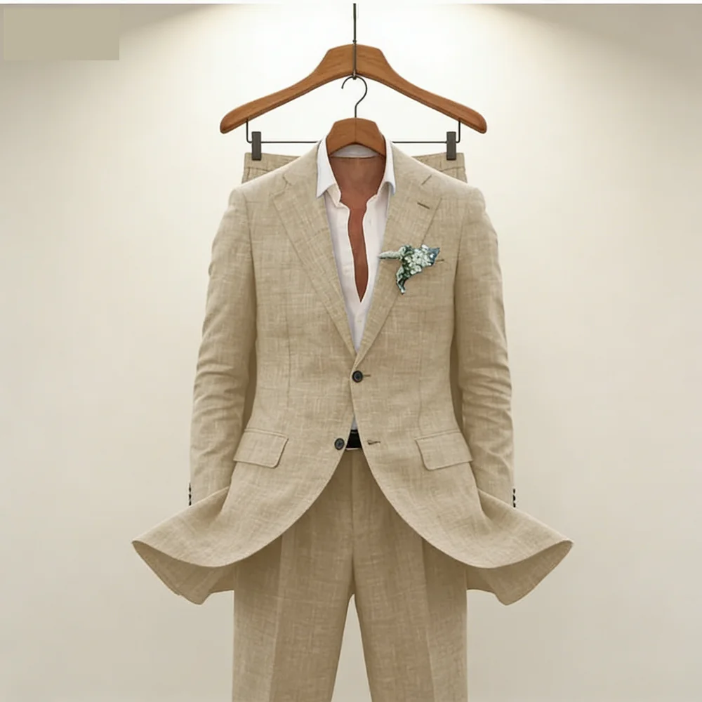 

Мужской повседневный льняной костюм, 2 предмета, пиджак, брюки, комплект slim fit, лето, пляж, вечеринка, свадьба, бал, жених, смокинг