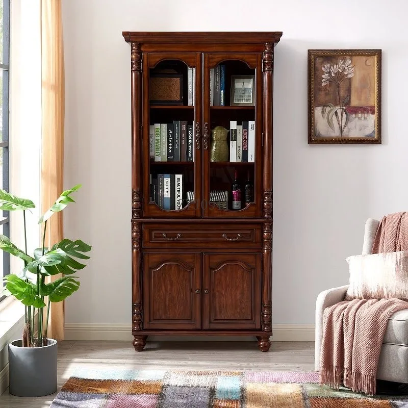 *1 خزانة كتب أمريكية مصنوعة بالكامل من الخشب الصلب مع باب زجاجي، دراسة أوروبية بسيطة لتخزين رف الكتب القديم