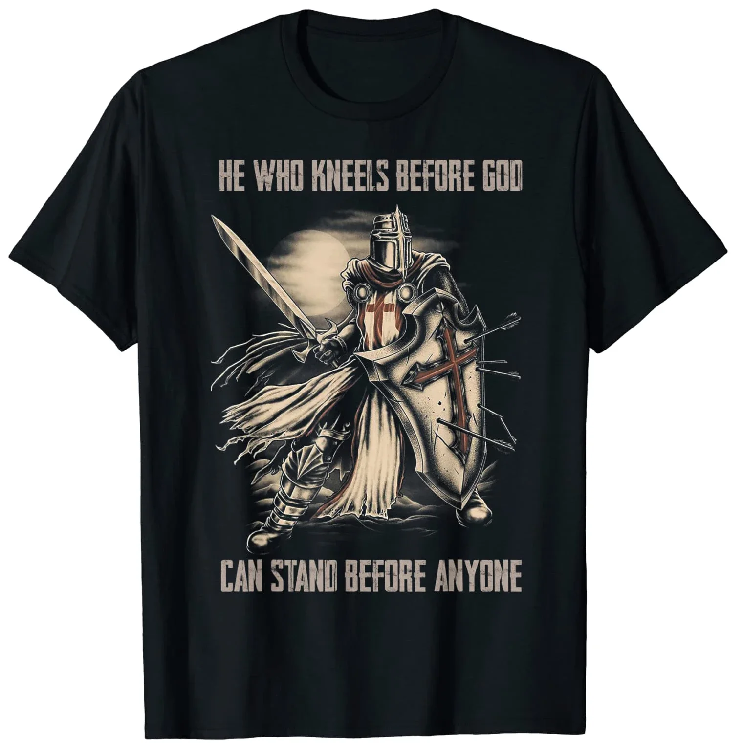 He kneels before God and can stand before anyone. Crusader Christian T-shirt Men's crew neck short sleeve T-shirt casual