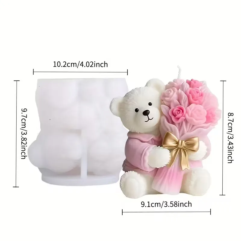 Bear holding flower silicone mold, 3D modeling, easy to demould without deformation, can be used to make handmade candles/gypsum