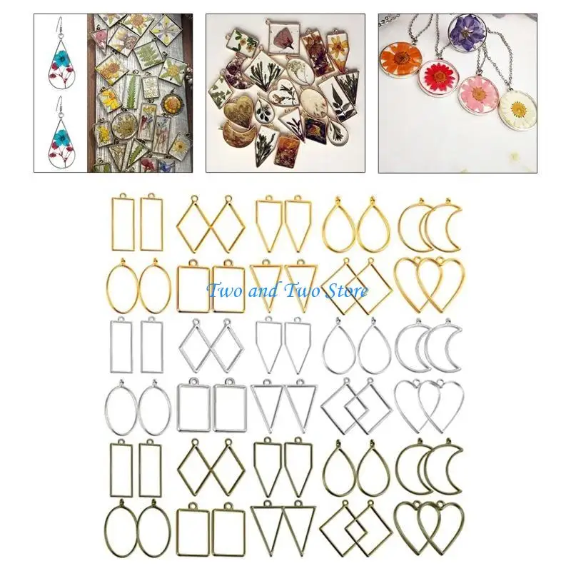 HX6F 60 Pcs UV Epoxy Hollow Frames Resin Craft Bezels Pendants for Necklaces Earrings