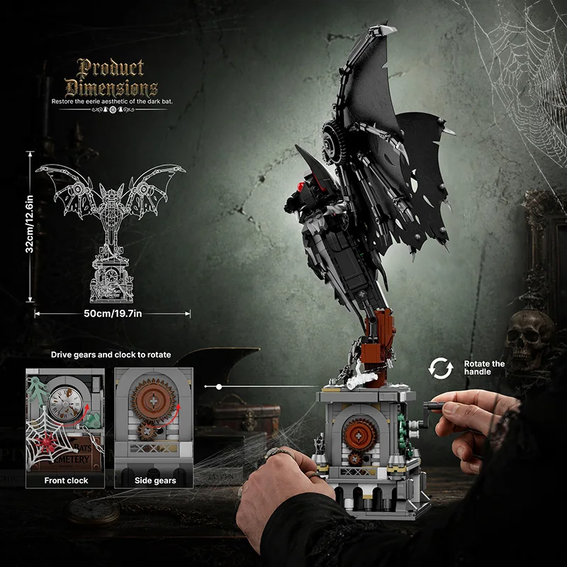 Gothic Bat MOC Building Blocks Set Dark Bat Clock Bricks Model Dark Fantasy Display Building Toy Halloween Decor Gifts 900+pcs