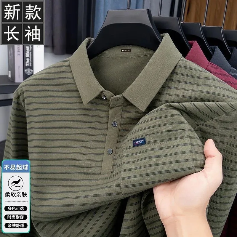 

Новая футболка с длинными рукавами и лацканами в полоску, осенний мужской поло, повседневный универсальный пуловер с верхним карманом