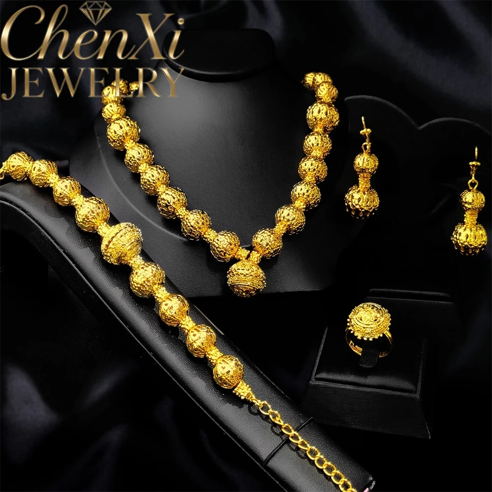 High-End Luxury Elegant Alluvial Gold Fashion  Jewelry Set Women Wedding Party Banquet Necklace Earrings Ring 4pcs Gift