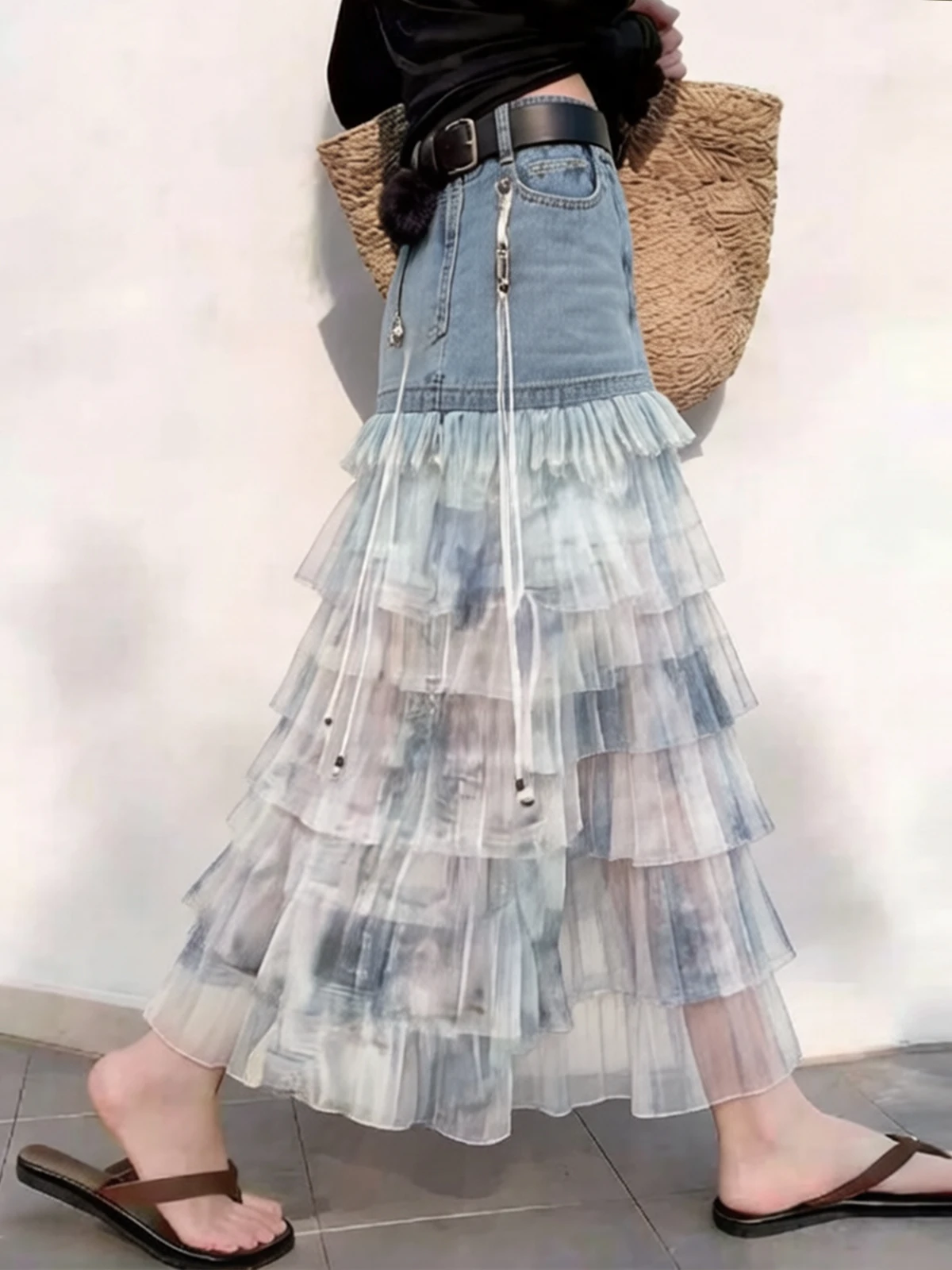 Summer 2026 New High Waist A-Line Denim Skirt Women's High Fashion Sensation Tea Break Lace Patchwork Skirts Casual Dresses