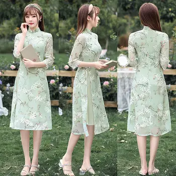 7色女士中長旗袍蕾絲刺繡加大尺碼復古婚紗改良時尚旗袍 S至4XL S2287 8 最佳銷售 女式旗袍 - №1