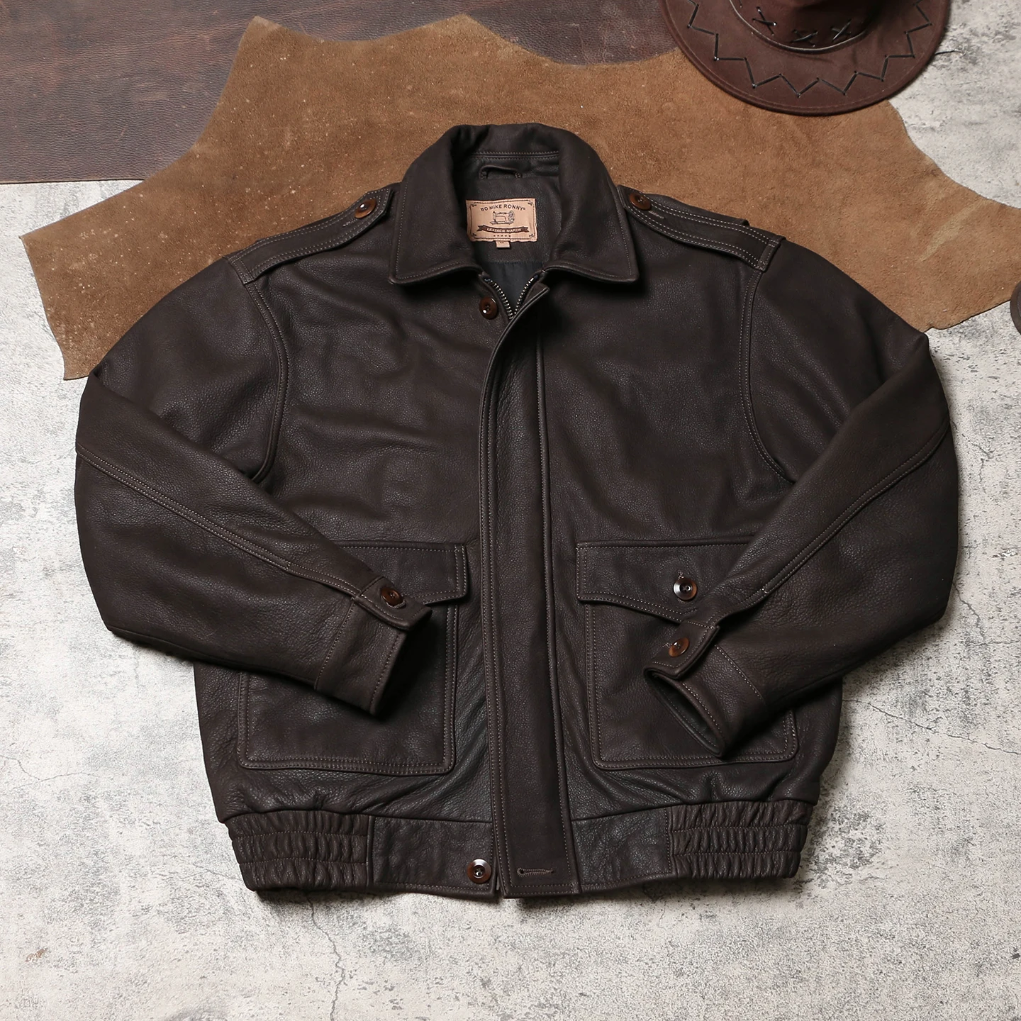 แจ็คเก็ตหนังสีน้ำตาลเข้มสำหรับผู้ชาย สไตล์เรโทร ไซส์ใหญ่พิเศษ 5XL หนังวัวแท้ ทรงหลวม ปกพับได้