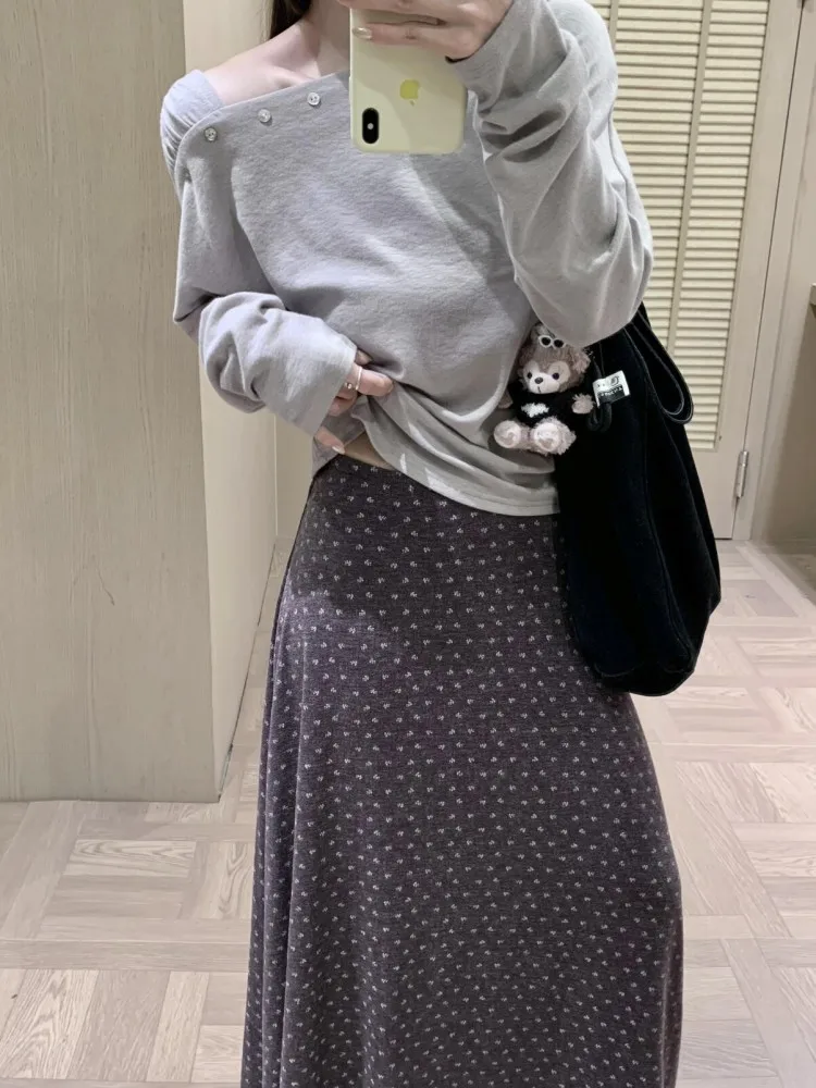 Korean Style Womens One Size Loose Sweater Solid Color Casual Off Shoulder Knitted Tops Designer Long Sleeved Pullover Sweaters