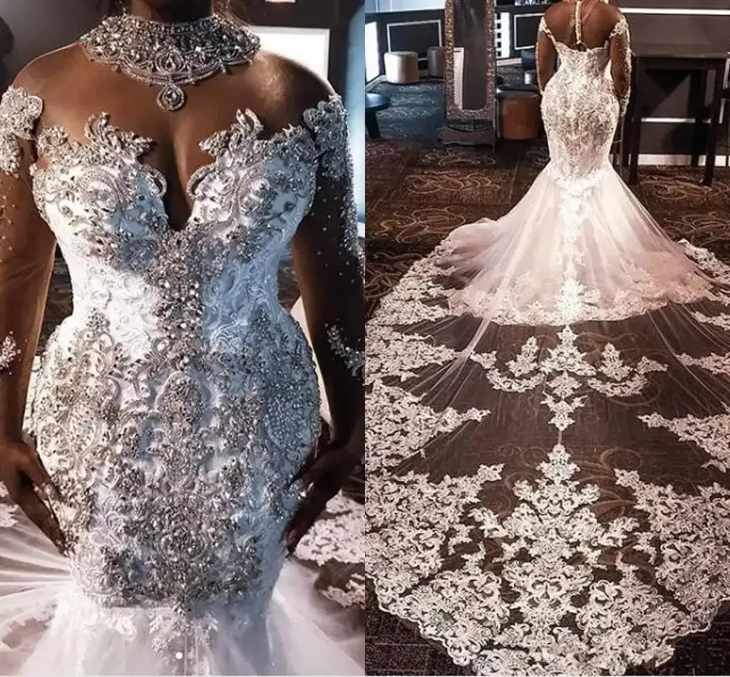 

Customized High Neck South African Mermaid Wedding Dresses Lace Crystals Beading Long Sleeves Bridal Gown Plus Size Vestiods