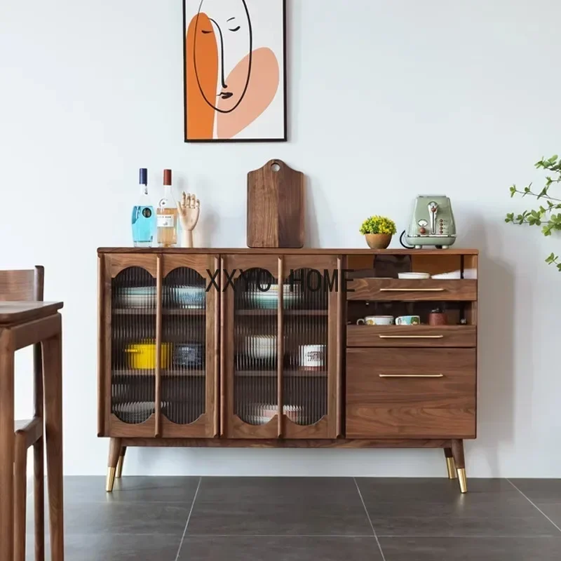 

Solid Wood Glass Door Side Cabinet Small Wine Cabinet Wall North America Black Walnut Dining Room Cabinet