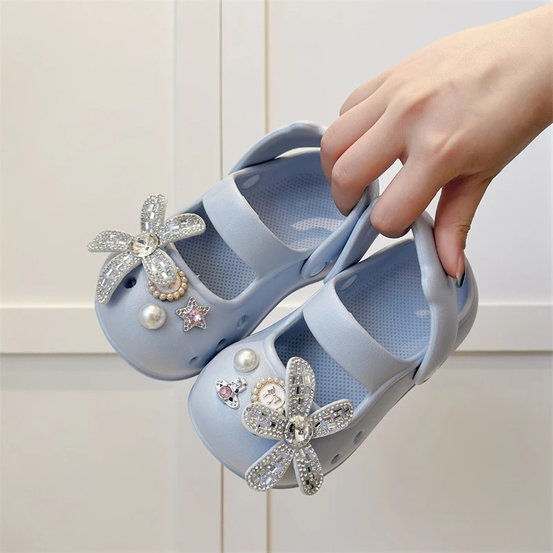 

Kids Girls Rhinestone Flower Clogs Pearl Star Decor Adjustable Back Strap Non-slip EVA Shoes for Summer Beach Daily Casual Wear