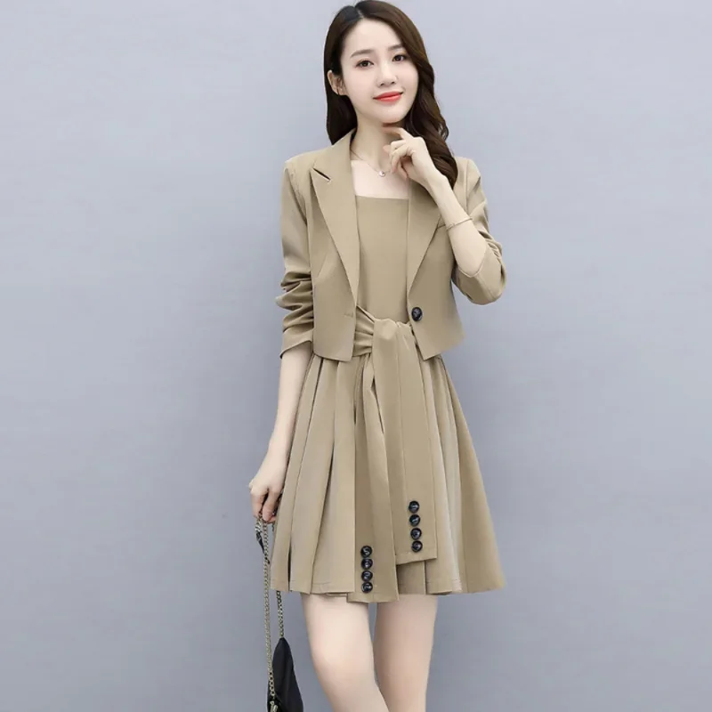 Blazers Suits Office Wear Women Dresses Sets Spring Slim Fit Short Pleated Dress 2 Piece Trendy Grace Fashion Look Thin Commute