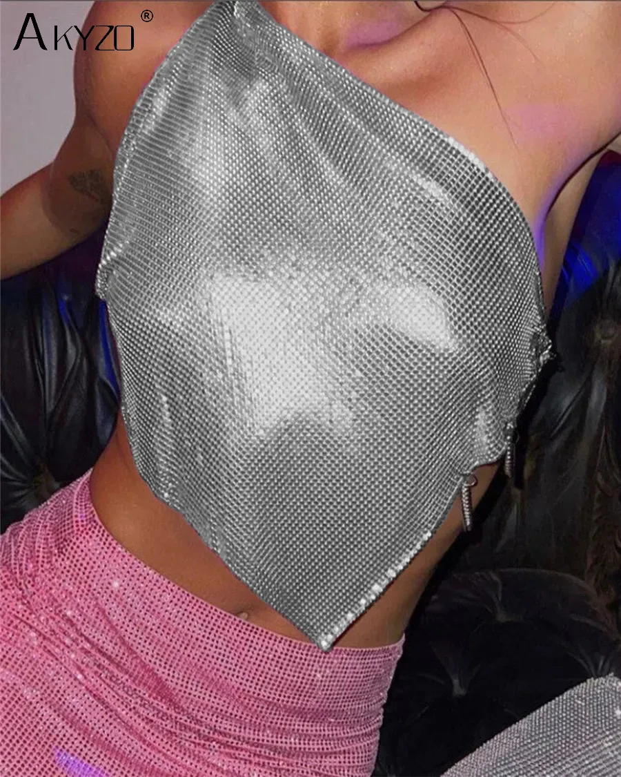 

Glitter Metal Sequins Single Shoulder Tank Top Y2K Sexy Backless Side Split Metallic Chain Crop Top Rave Festival Party Camisole