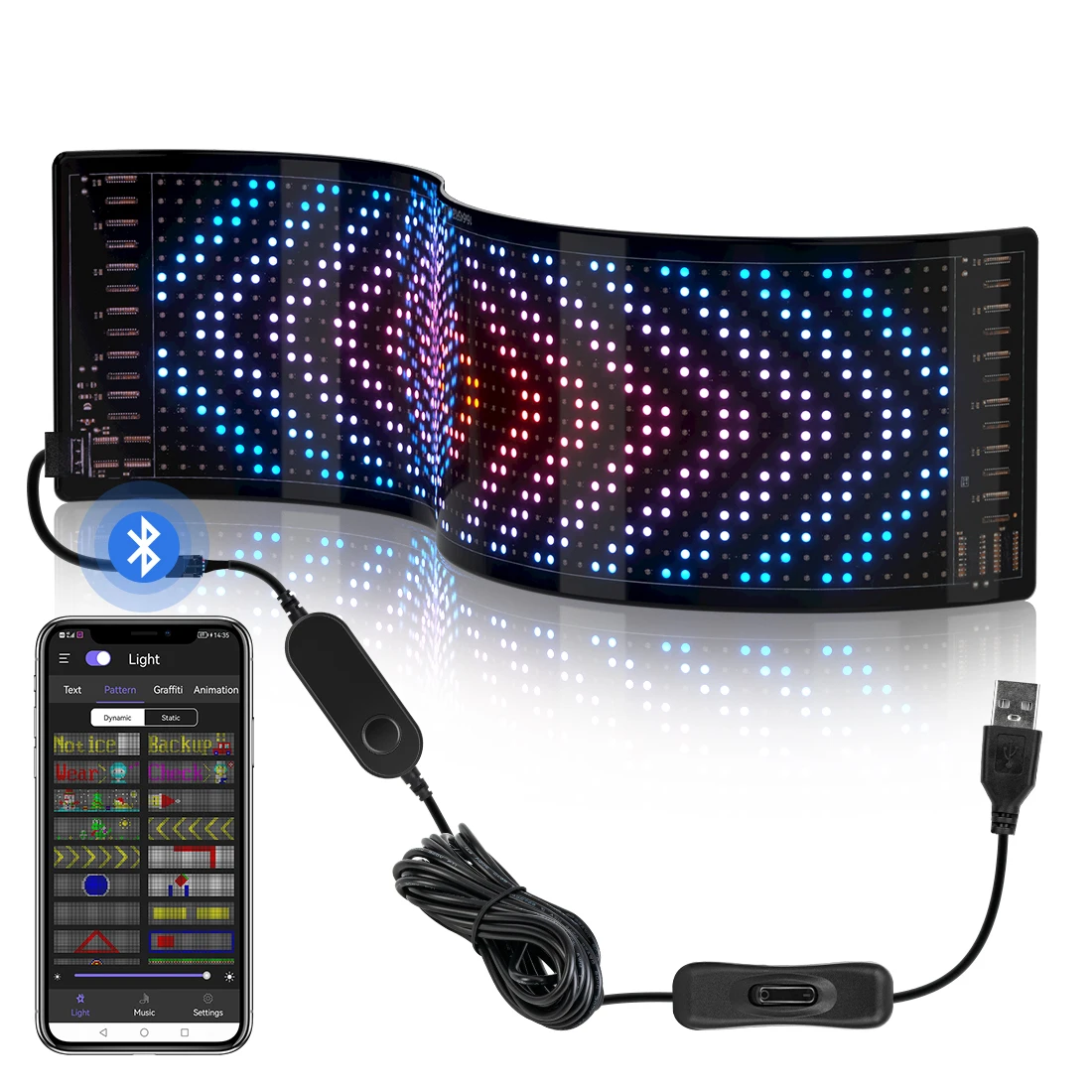 Flexible LED Soft Screen Car LED Screen Bluetooth Full Color Display RGB Pattern Graffiti Scrolling Text Animation Display