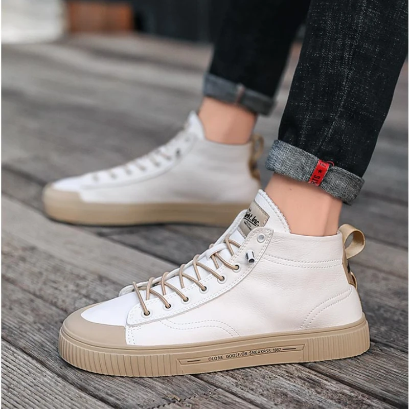 Leather High Top Shoes for Men Casual Shoes Spring Autumn Fashion Splicing Lace Up Vulcanized Shoes Skate Male Sneakers 2023 New