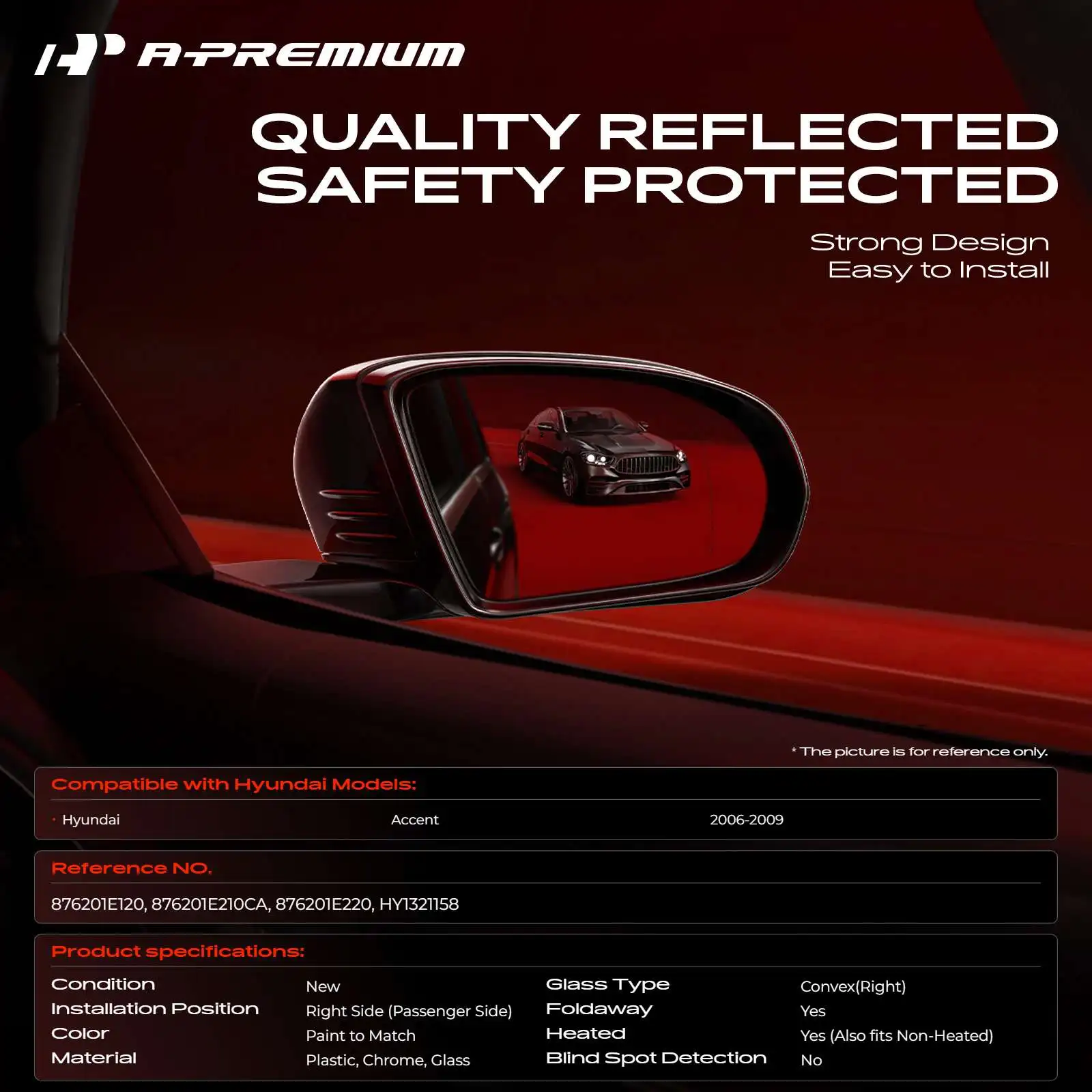 A-Premium Passenger Side Power Door Mirror for Hyundai Accent 2006-2009 Manual Folding Heated Black