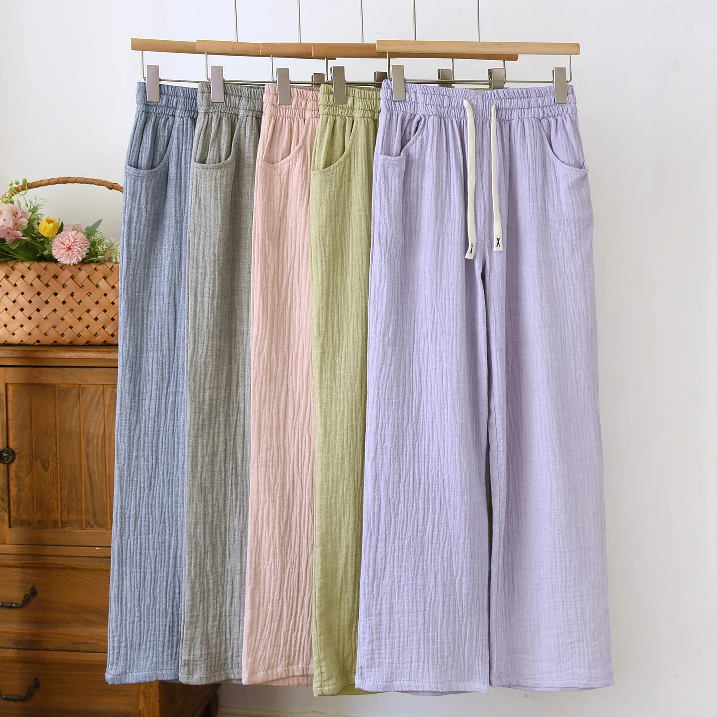 

Простые однотонные домашние брюки, женские штаны для сна, 100% двойная марля, мягкие хлопковые пижамные штаны, брюки для сна