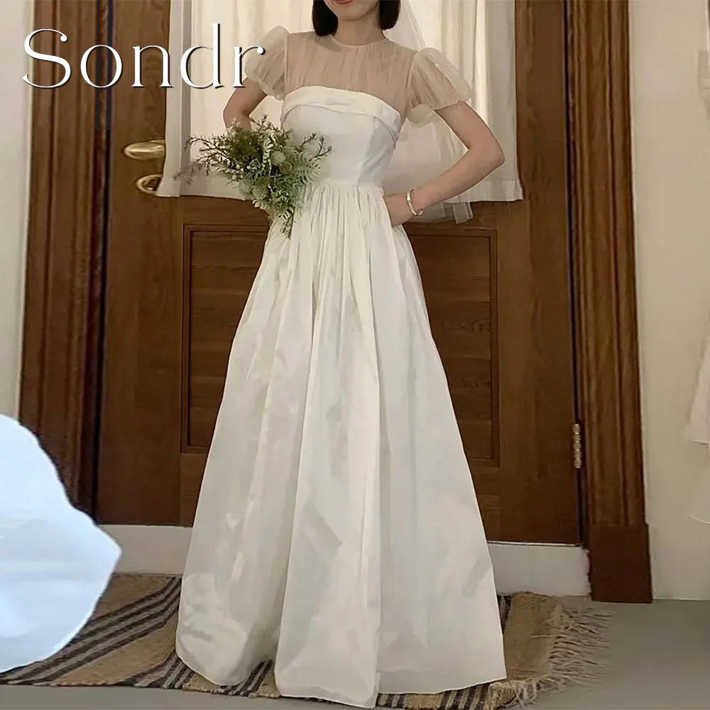 

Классическое свадебное платье Sondr по индивидуальному заказу с короткими рукавами и круглым вырезом из тафты, корейское свадебное платье для фотосессии 웨딩드레스