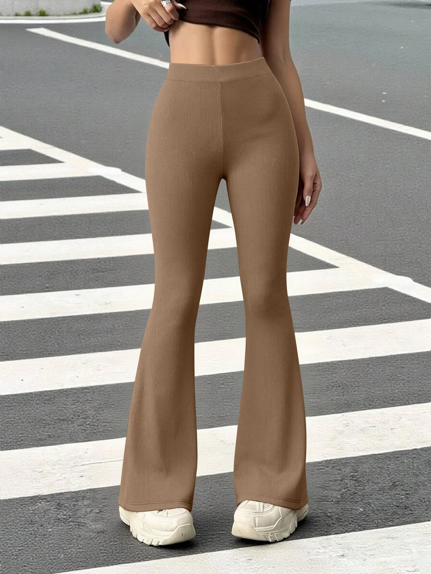 Women High Waist Rib Knit Texture Flare Pants, Elastic Bodycon Trousers, Slim Hip Leg Design for Casual Street Bottoms