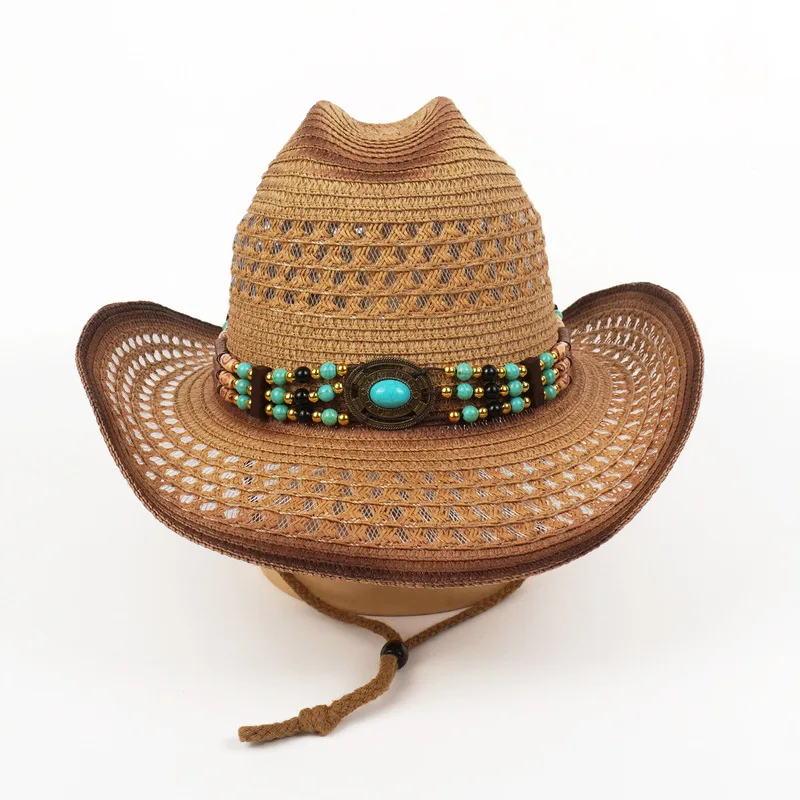 Hollow-out straw , Western cowboy , turquoise with ethnic-style embellishments, vintage jazz hat