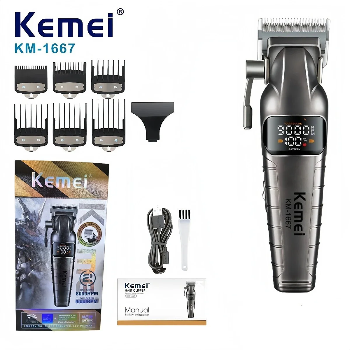 Kemei 1667 Professional Hair Clipper 9000RPM Electric Hair Trimmer Cordless Hair Cutting Machine 10W SUPER FAST TORQUE ROTARY