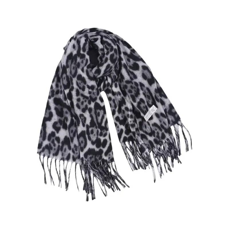 

652F Winter Leopard Pattern Scarf Oversized Warm Neck Warmer Headwrap Scarf With Fringe For Outdoor And Office