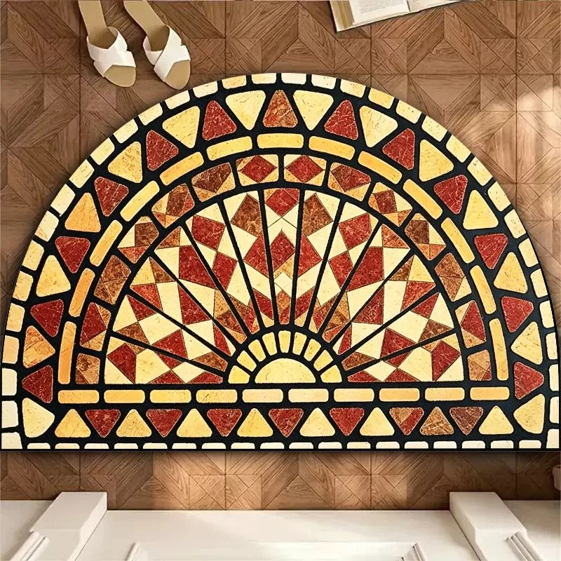 VIKAMA retro colored glass mosaic flower leaf semi-circular door mat, anti slip carpet, artistic floor mat, home decoration
