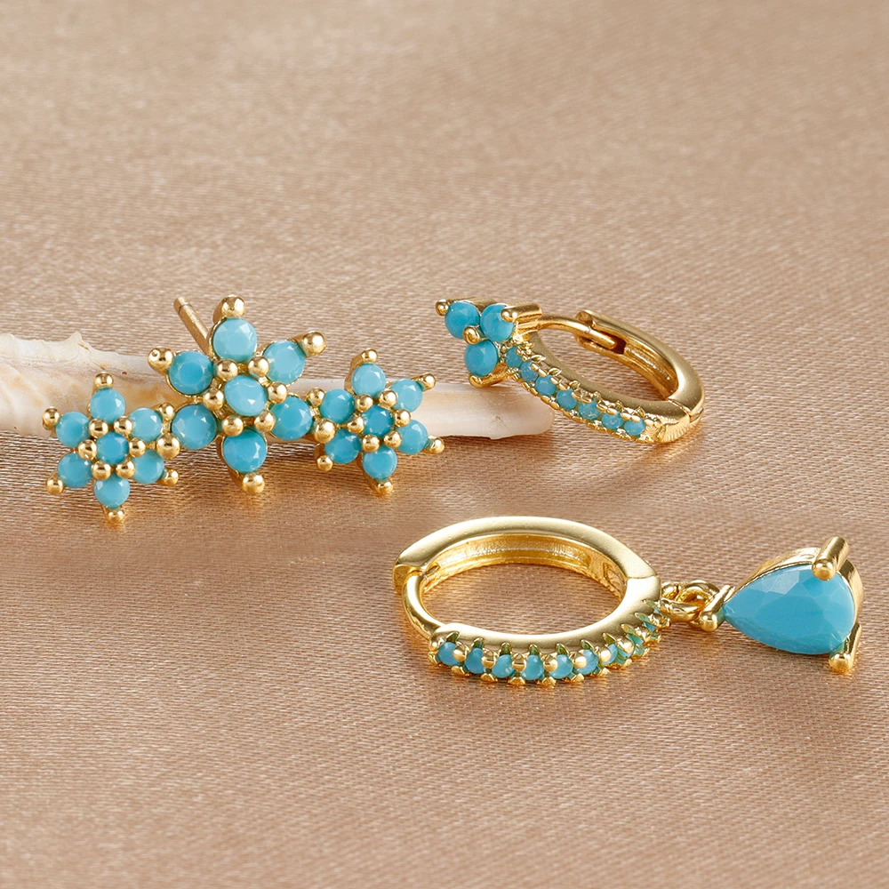 3PCS Flower Pendant Stainless Steel Earrings Set for Women Blue Zircon Water Drop Hoop Earring Aesthetic Piercing Jewelry Gifts