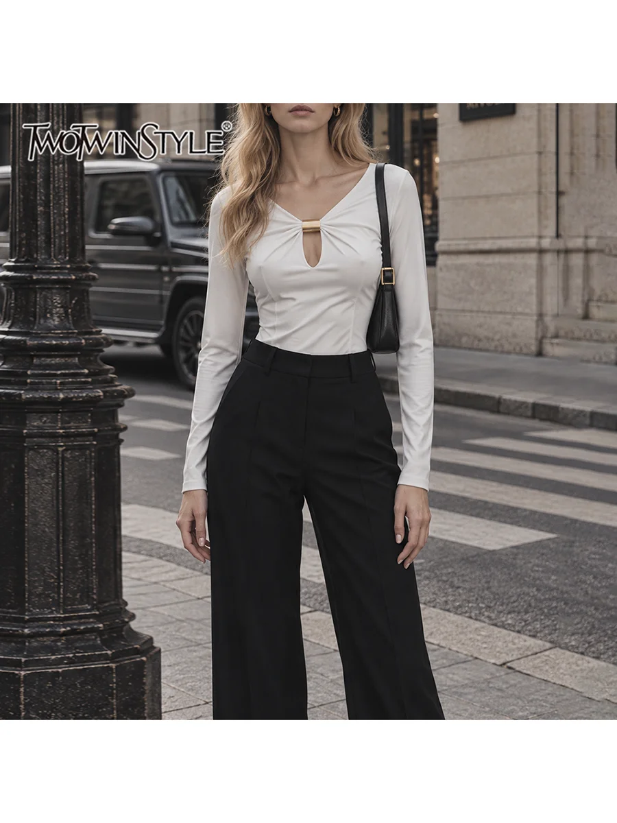 TWOTWINSTYLE Solid Spliced Cutout Slimming Jumpsuit for Women V neck Long Sleeve Patchwork Metal Buckle Casual Jumpsuits Female