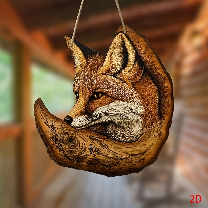 2D 10in Colorful Fox Wooden Wall Hanging - Flat-Printed Home Porch Decor Rural Farmhouse Design Artwork for Living Room Bedroom