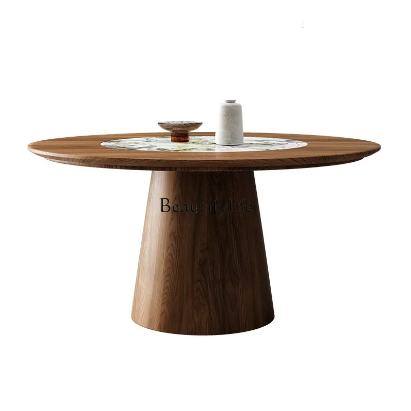 

01Wabi Sansan Solid Wood Round Dining Table Embedded Cold Jade Natural Luxury Stone Turntable Walnut Table