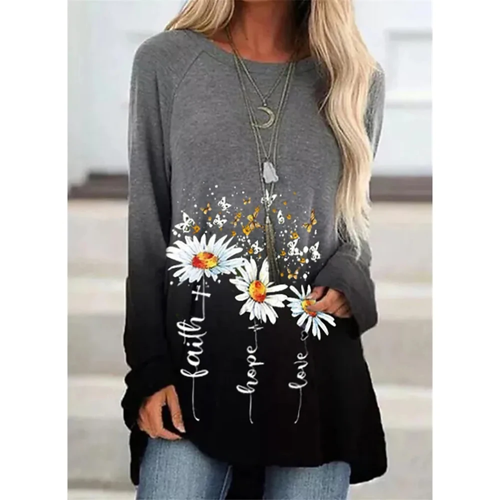 Summer Women T-shirt Small Daisy Flower Pattern Print Long Sleeve Casual Weekend Flower Painting Round Neck Plus Size