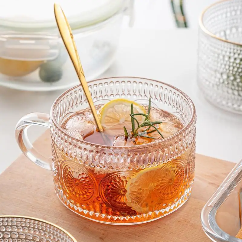 Nordic Large Capacity Phnom Penh Glass Oatmeal Breakfast Mug Home Milk Mug Floral Belt Handle Coffee Cup
