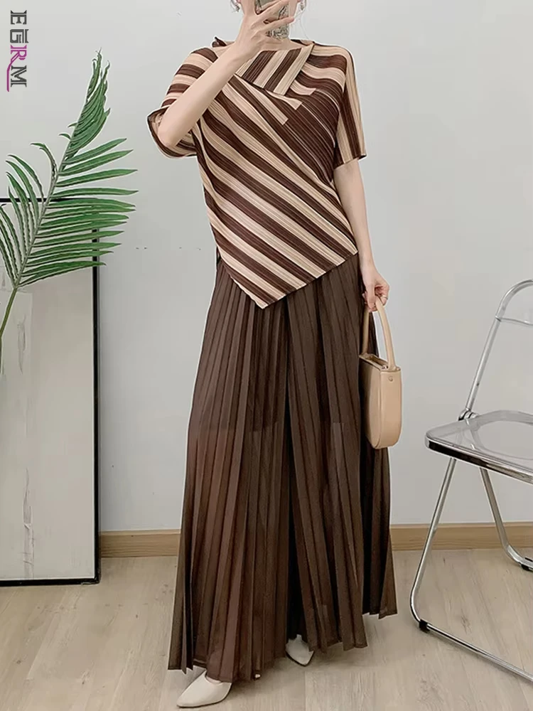 EGRM Pleated 2 Pieces Sets Women Striped Short Sleeves Irregular Shirt Wide Leg Pants Female Elegant Clothing 2024 New 6R6151