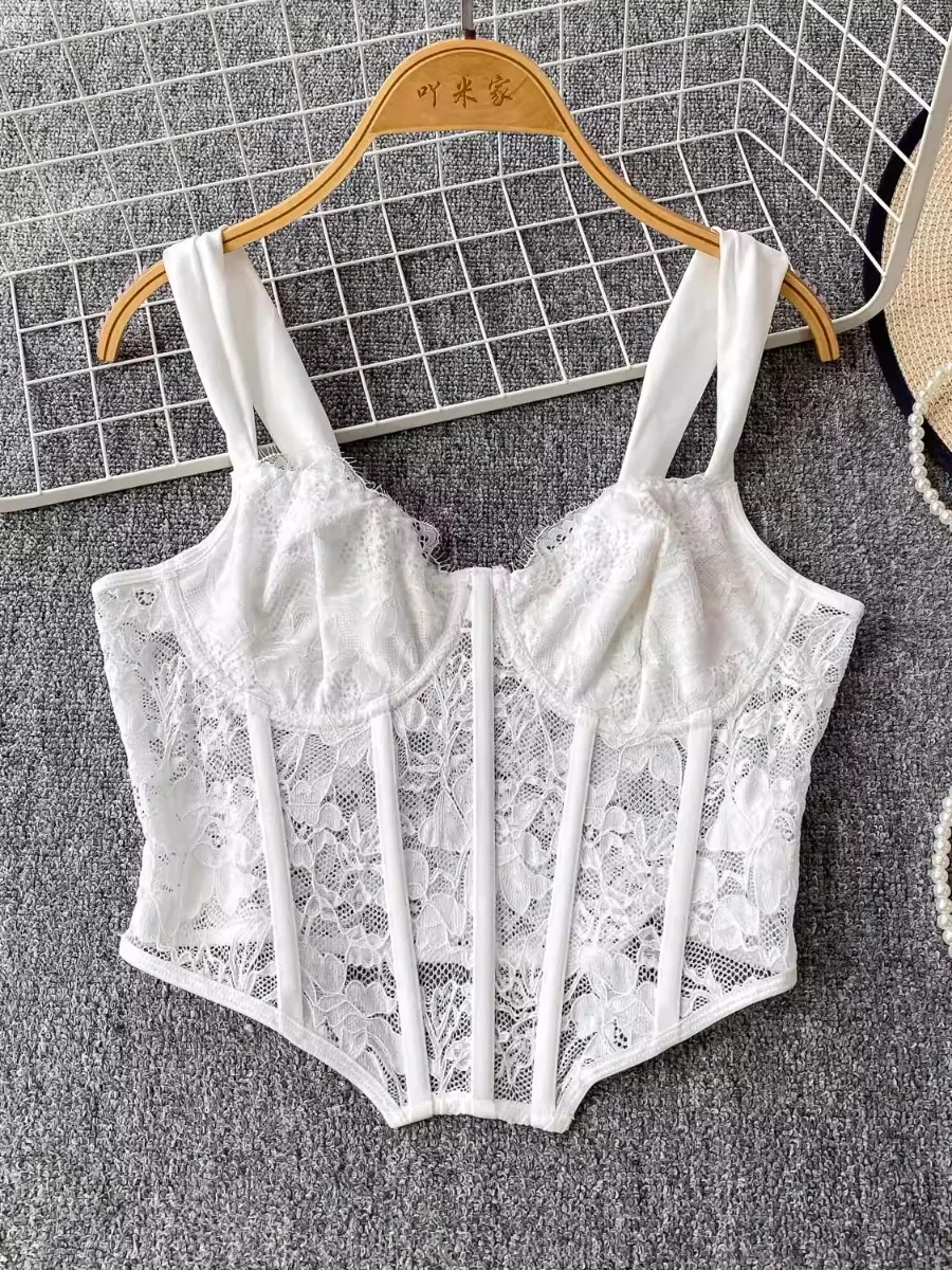 

Foamlina Trendy Fishbone Sling Bandeau Top Corset Women Sexy Lace Outer Wear Slim Fit Cropped Vest Camis 2025 Summer