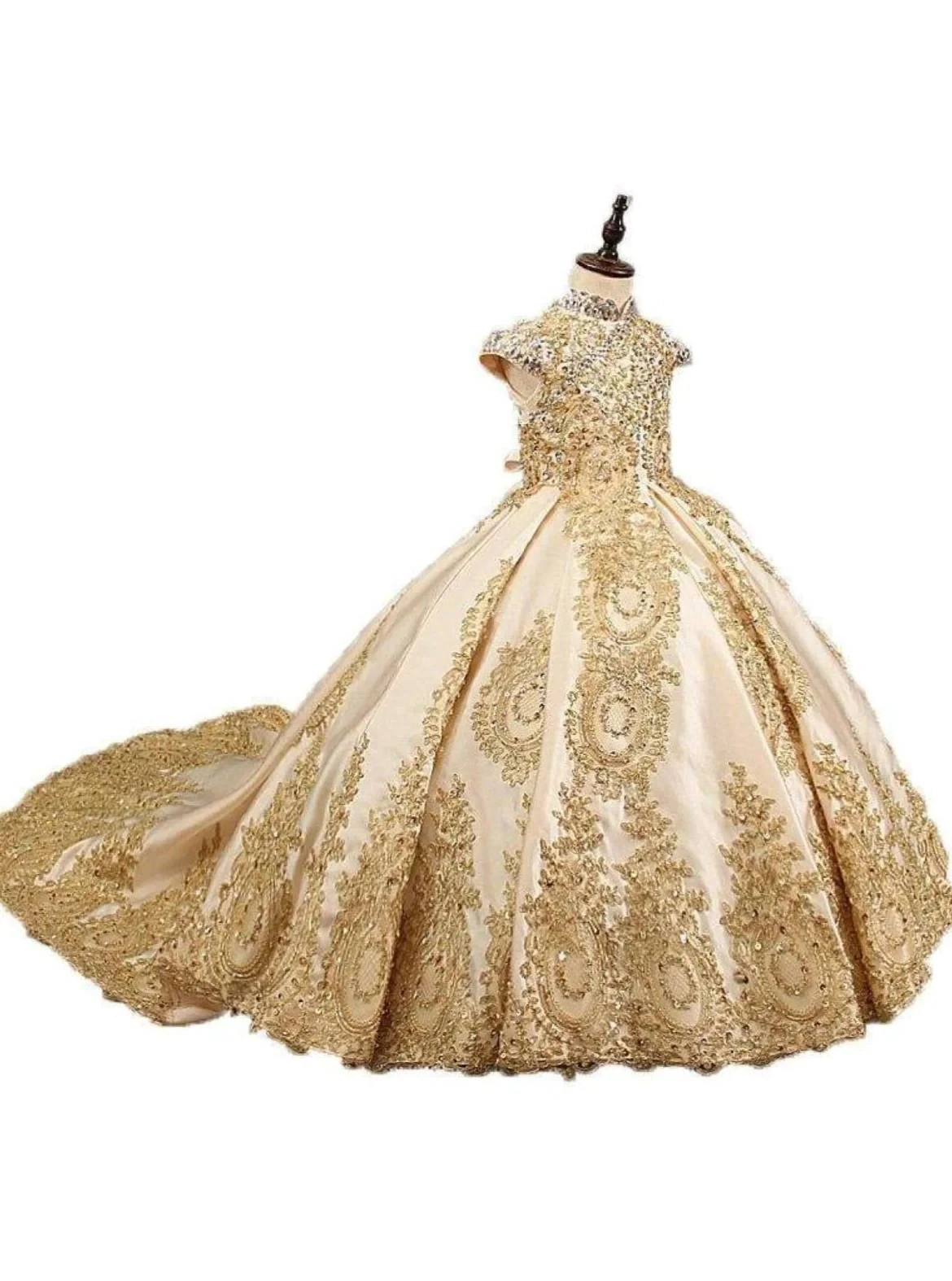 Mini vestidos de quinceañera dorados, vestido de baile, Mangas de casquillo, apliques, vestidos de niña de flores para bodas, vestidos de desfile mexicano, vestidos de bebé