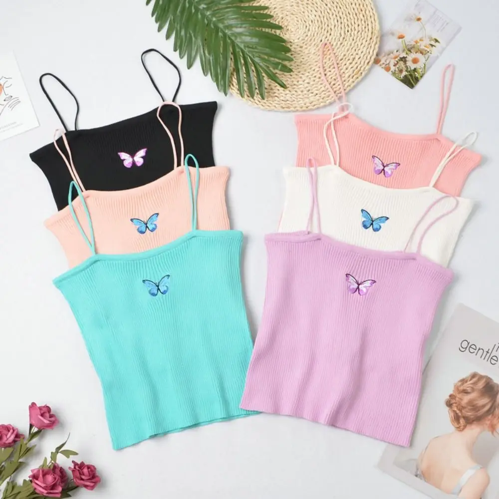 

Fashion Sling Butterfly Print Vest Camisoles Short Top Knit Top Suspender Vest Backless Y2K Slim Vest Spring