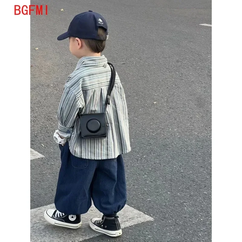 Kid Boy Spring Autumn Suit 2024 New Korean Handsome Baby Fashion Corduroy Striped Shirt and Pants Clothes Two Piece Set Outfits