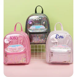 Mochila con lentejuelas con nombre personalizado para niños, bolso de moda con orejas plegadas, conejo, Princesa de dibujos animados, lindo