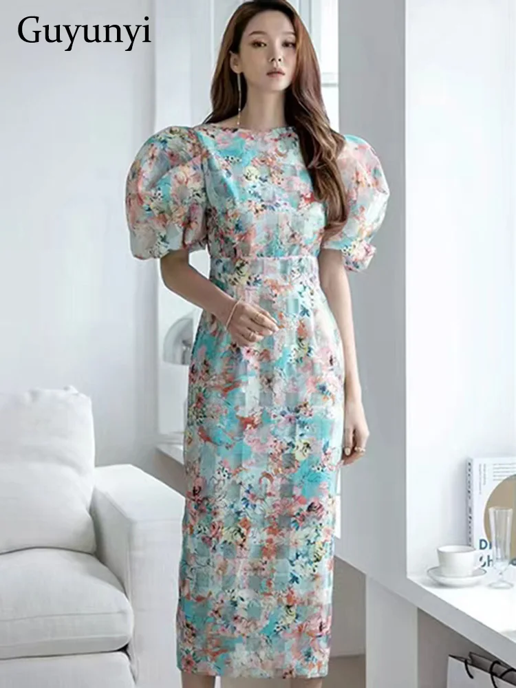 

Elegant Party Dress Summer Fashion Organza Watercolor Printing Simple O-Neck Puff Sleeve High Waistline Temperament Dress Women