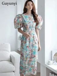 Elegant Party Dress Summer Fashion Organza Watercolor Printing Simple O-Neck Puff Sleeve High Waistline Temperament Dress Women