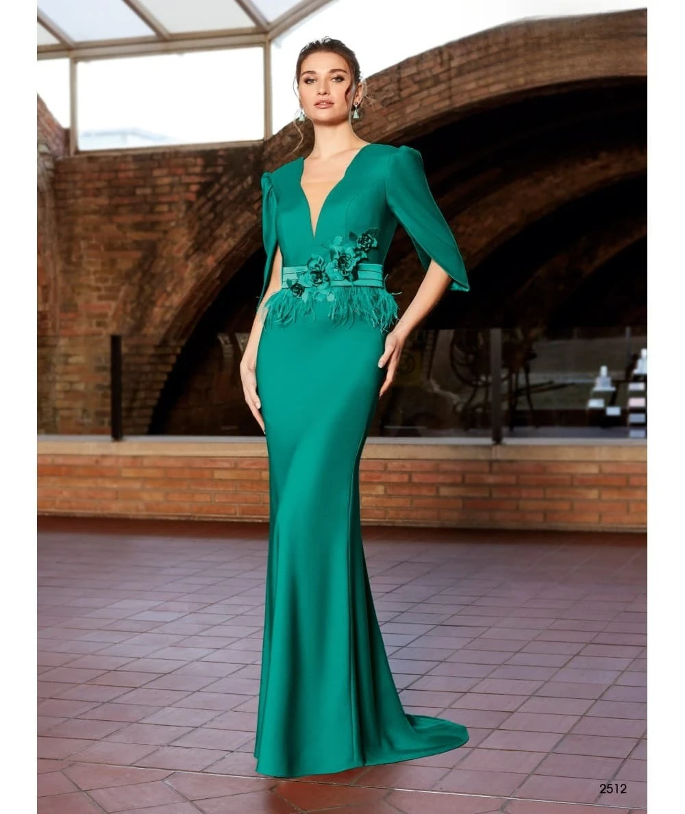 Customized Green Mermaid Evening Dress Deep V Neck Cape Sleeve 3D Flower Feather Belt Satin Train Formal Wedding Guest Gown
