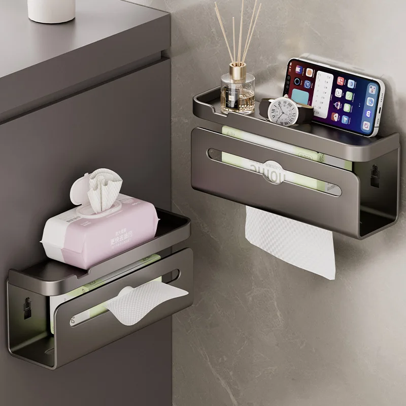 Self Adhesive Toilet Paper Holder Wall Mount Tissue Storage Box Face Towel Rack Bathroom Phone Shelf Organizer