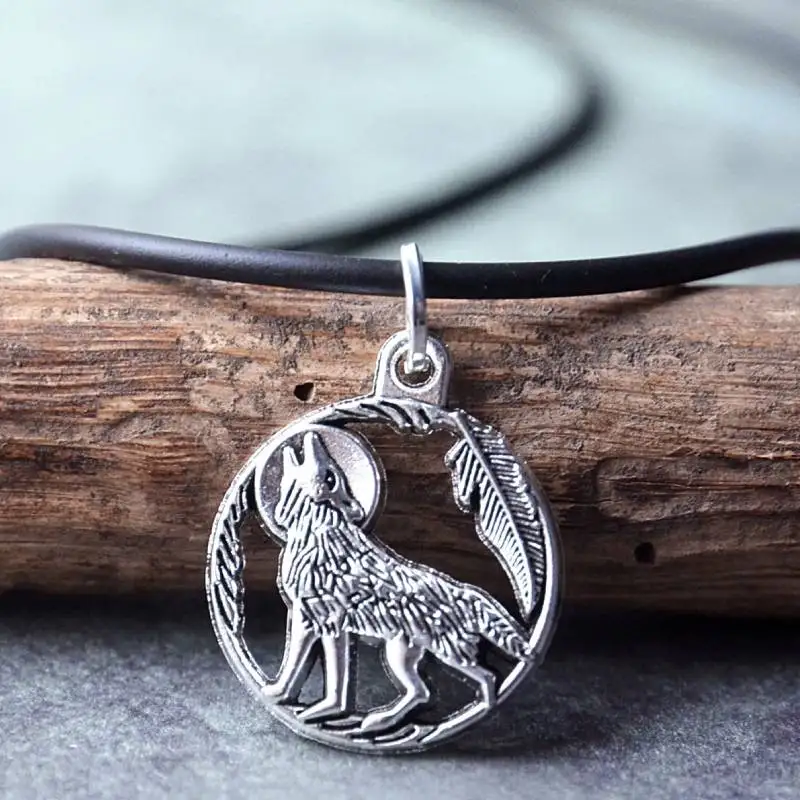 Navajo Wolf  Necklace Howling Wolf Full Moon Feather Crystal Birthstone Necklace