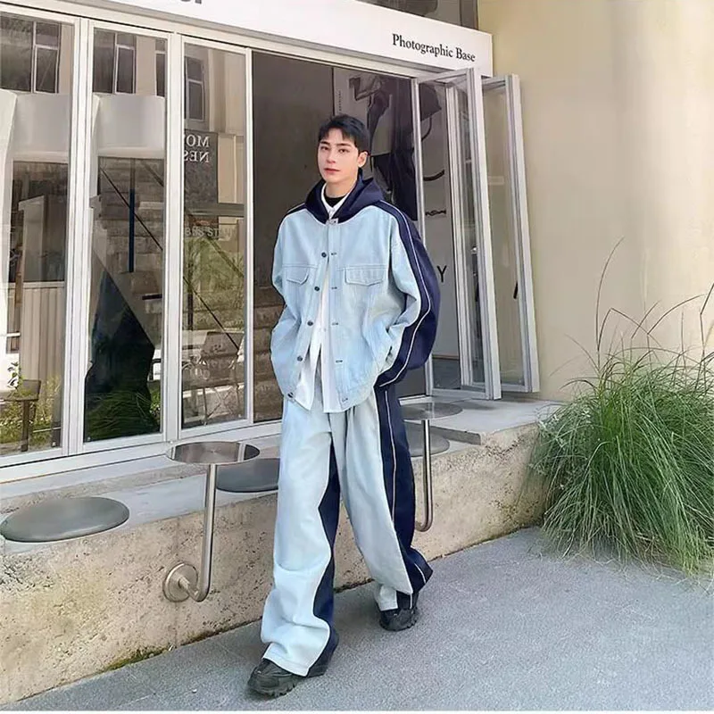WTHT Fashion Men's Suit Spliced Hooded Long Sleeves Denim Coats Contrast Color Wide Leg Casual Jeans Set Male 2025 Autumn 2A1846